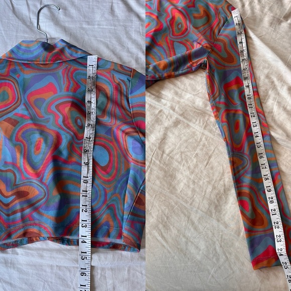 Milk It Retro Psychedelic Print Mesh Button-Up Crop Top S - Picture 8 of 10